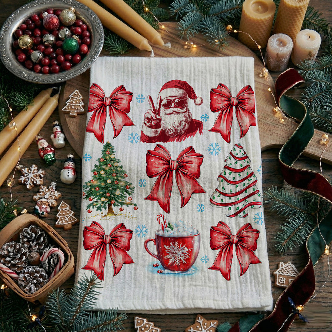 Merry Christmas Cotton Kitchen Tea Towel Santa Bows Holiday Decor Fun Gift Idea