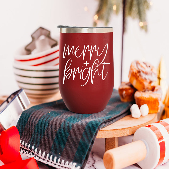 Merry and Bright Wine Tumbler 17oz Christmas Holiday Fun Gift for Coffee Lovers