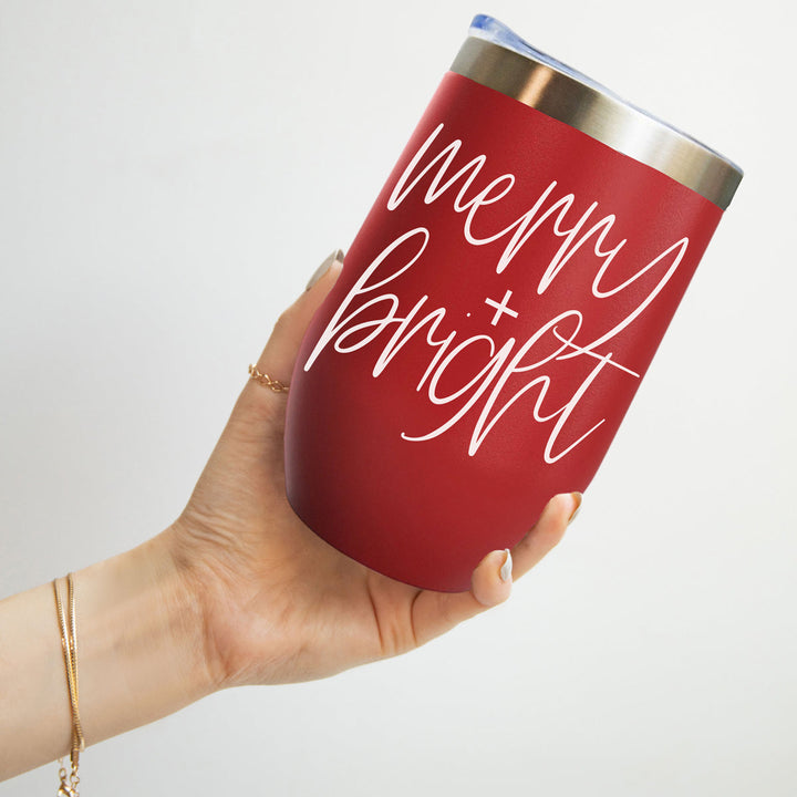 Merry and Bright Wine Tumbler 17oz Christmas Holiday Fun Gift for Coffee Lovers