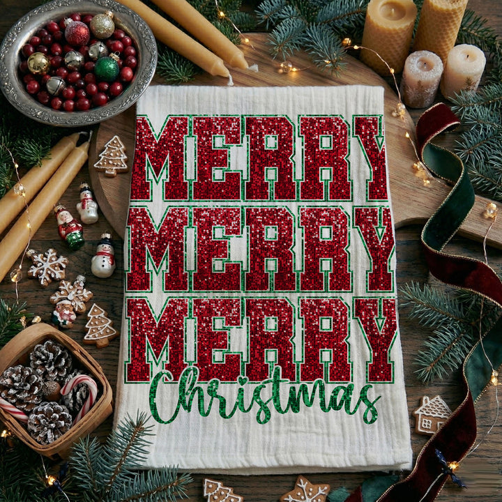 Merry Christmas Cotton Kitchen Tea Towel Santa Bows Holiday Decor Fun Gift Idea