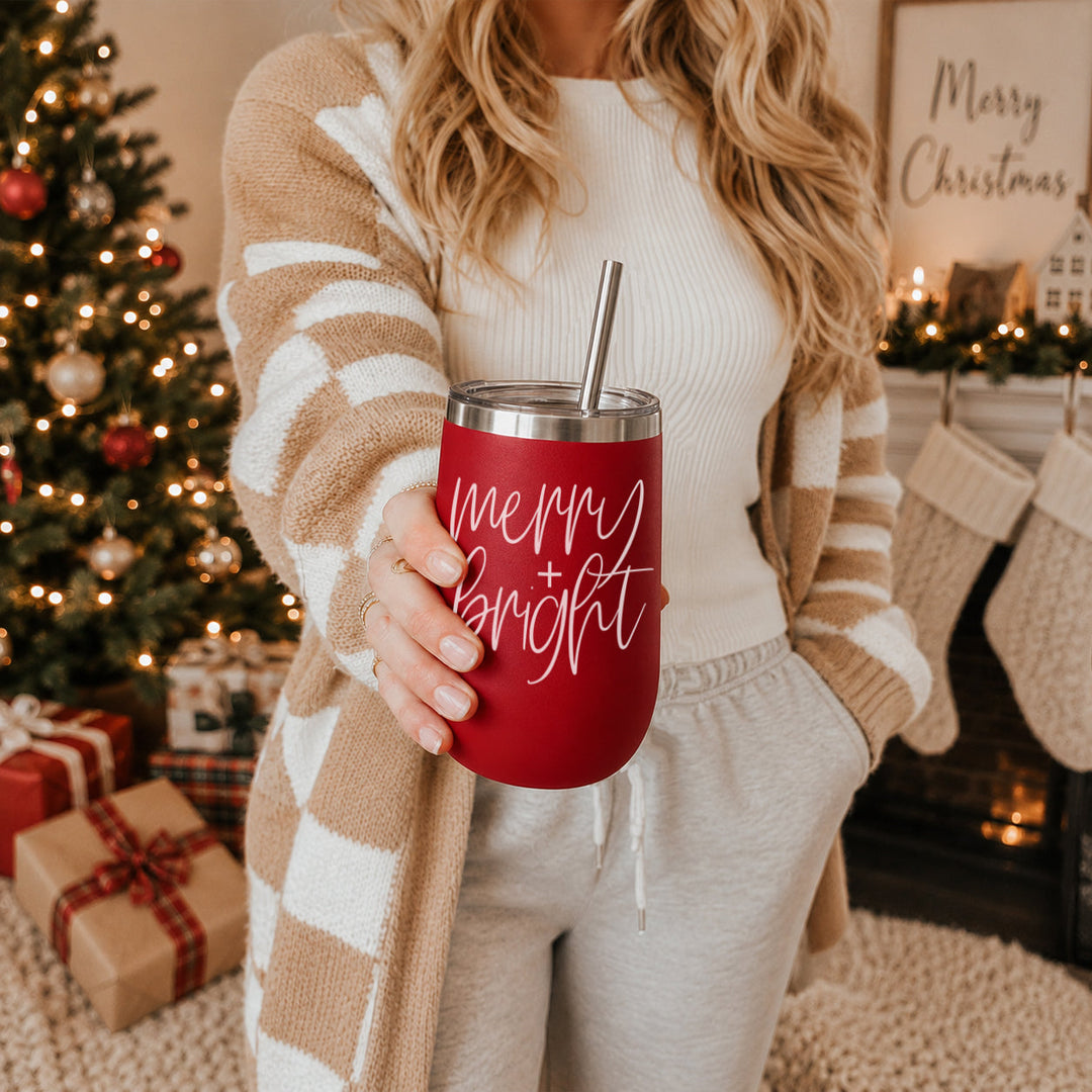 Merry and Bright Wine Tumbler 17oz Christmas Holiday Fun Gift for Coffee Lovers