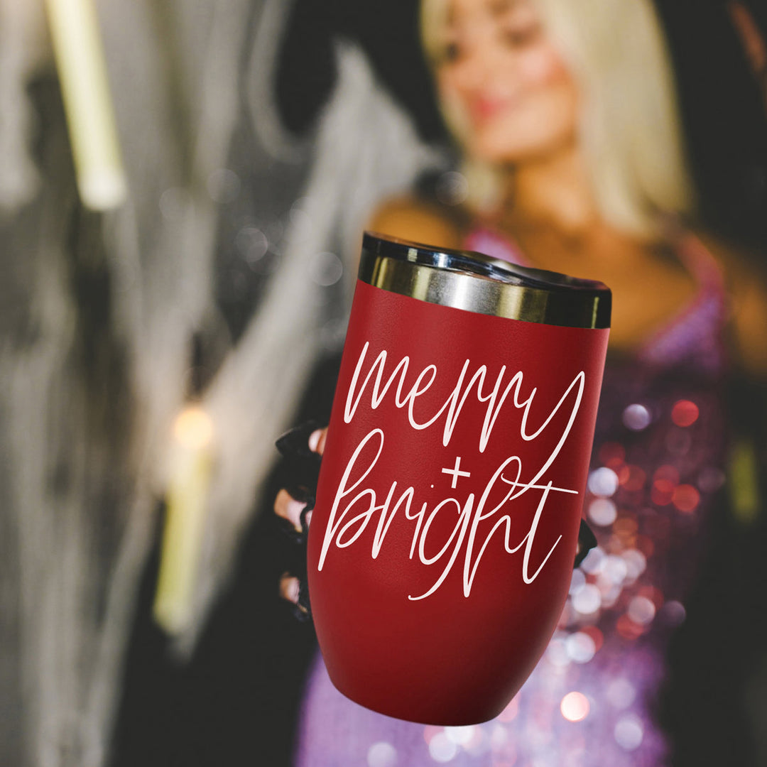 Merry and Bright Wine Tumbler 17oz Christmas Holiday Fun Gift for Coffee Lovers