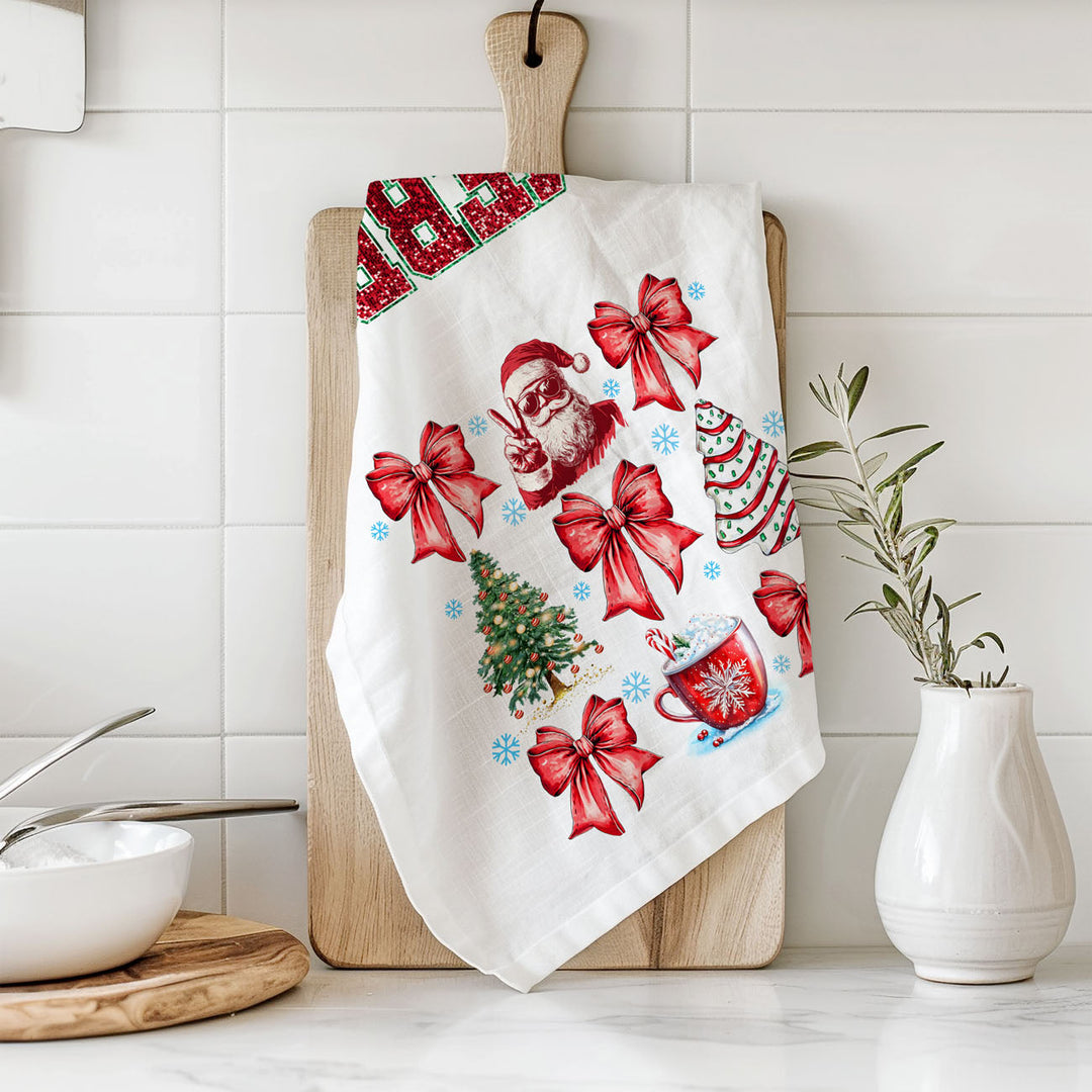Merry Christmas Cotton Kitchen Tea Towel Santa Bows Holiday Decor Fun Gift Idea