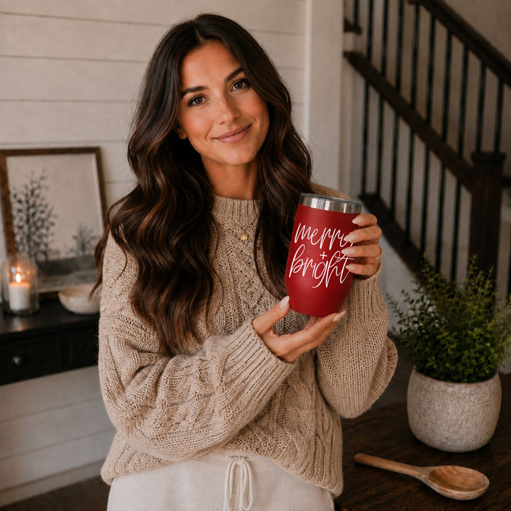 Merry and Bright Wine Tumbler 17oz Christmas Holiday Fun Gift for Coffee Lovers