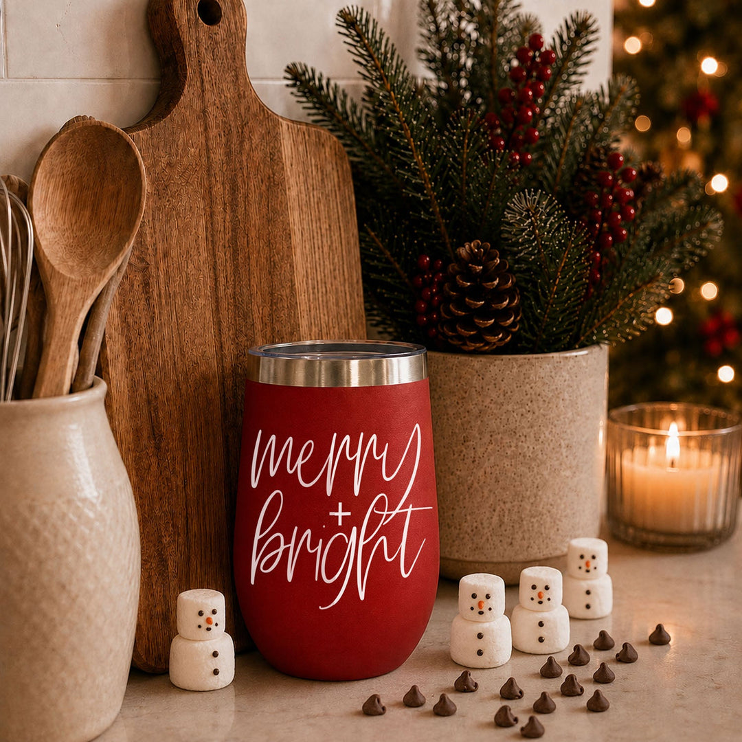 Merry and Bright Wine Tumbler 17oz Christmas Holiday Fun Gift for Coffee Lovers
