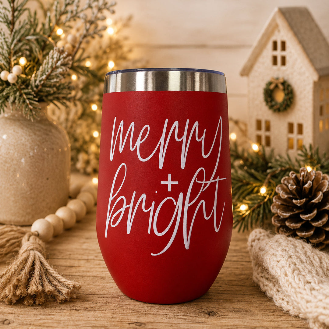 Merry and Bright Wine Tumbler 17oz Christmas Holiday Fun Gift for Coffee Lovers