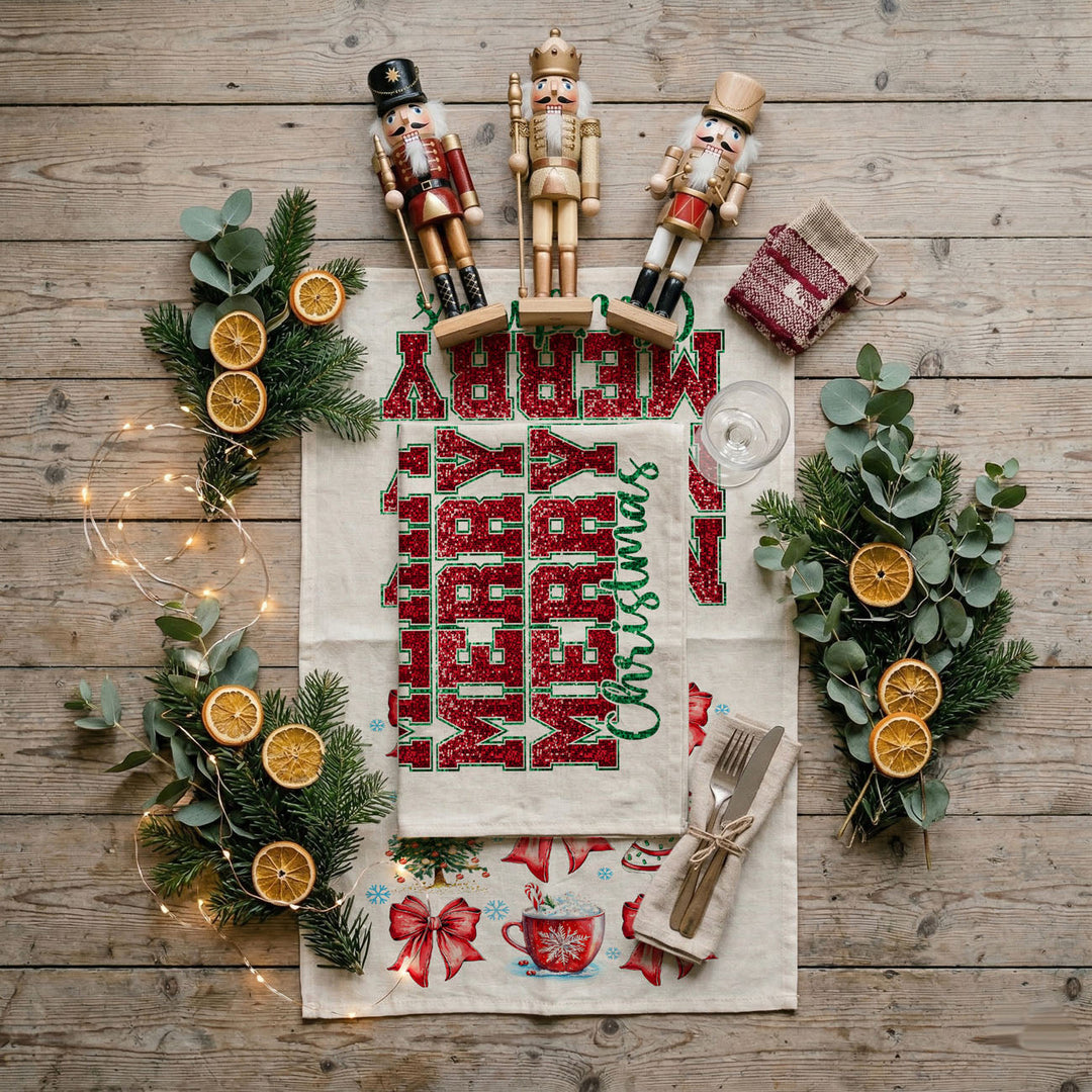 Merry Christmas Cotton Kitchen Tea Towel Santa Bows Holiday Decor Fun Gift Idea