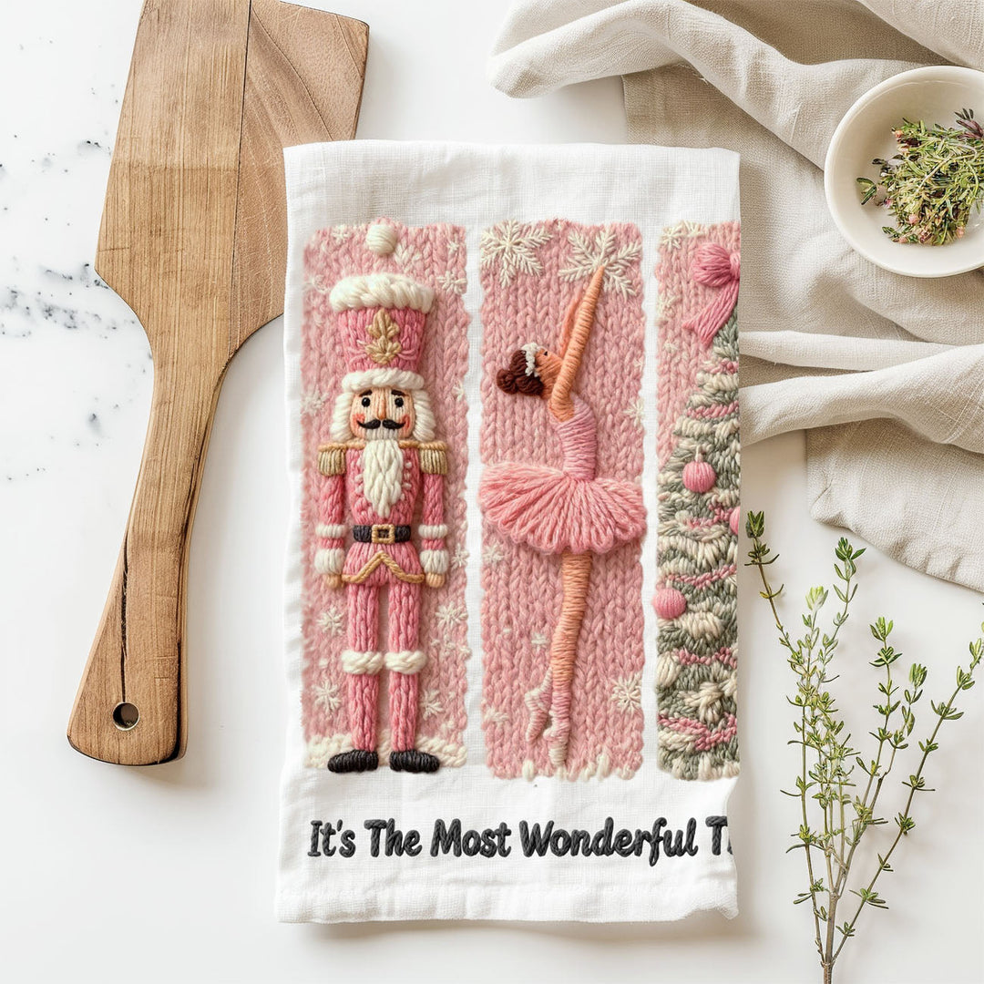 Nutcracker Pinks Christmas Kitchen Tea Towel Holiday Decor Fun Gift for Friends