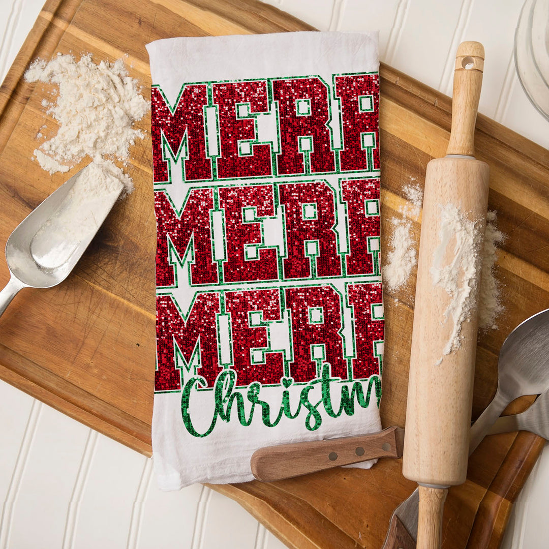 Merry Christmas Cotton Kitchen Tea Towel Santa Bows Holiday Decor Fun Gift Idea