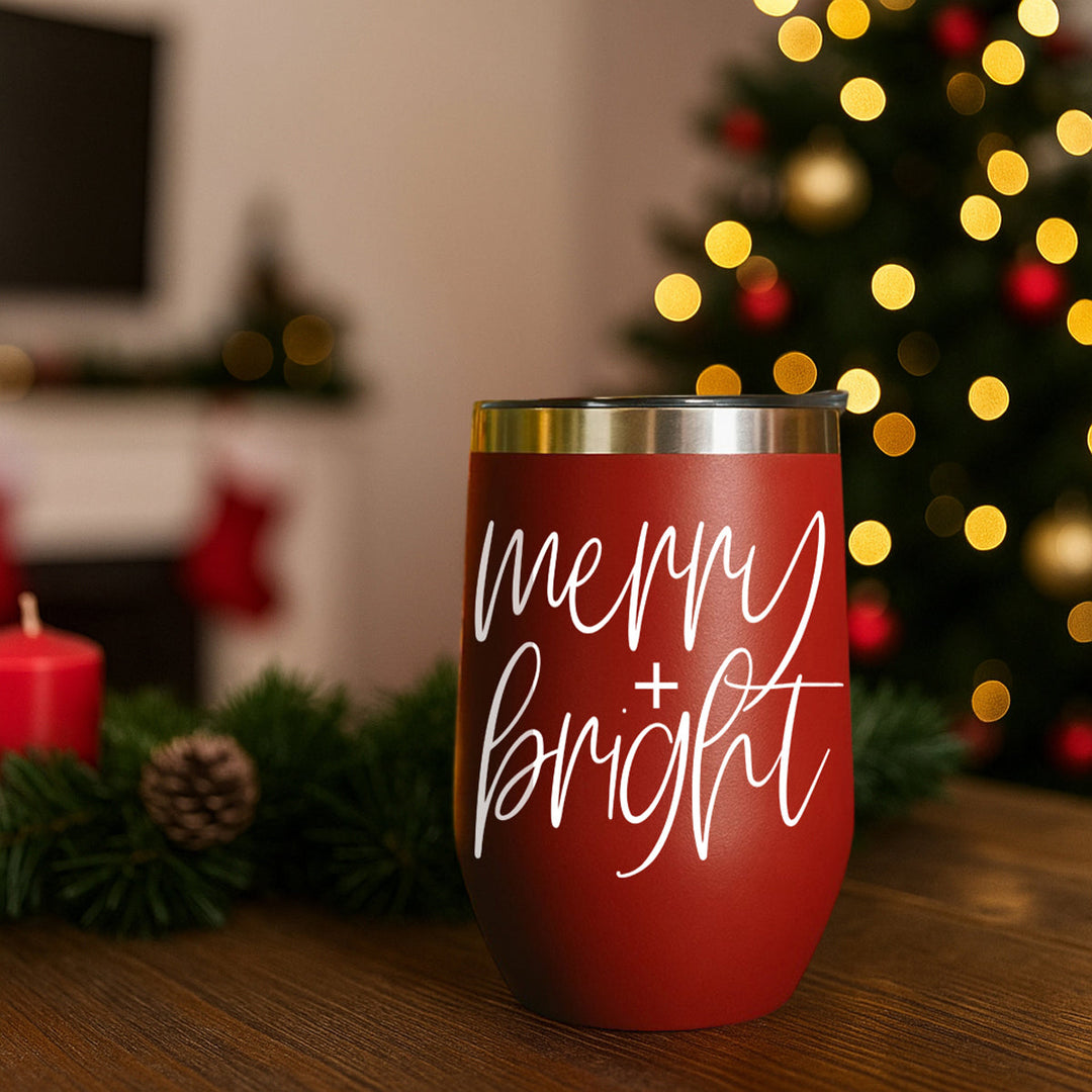 Merry and Bright Wine Tumbler 17oz Christmas Holiday Fun Gift for Coffee Lovers