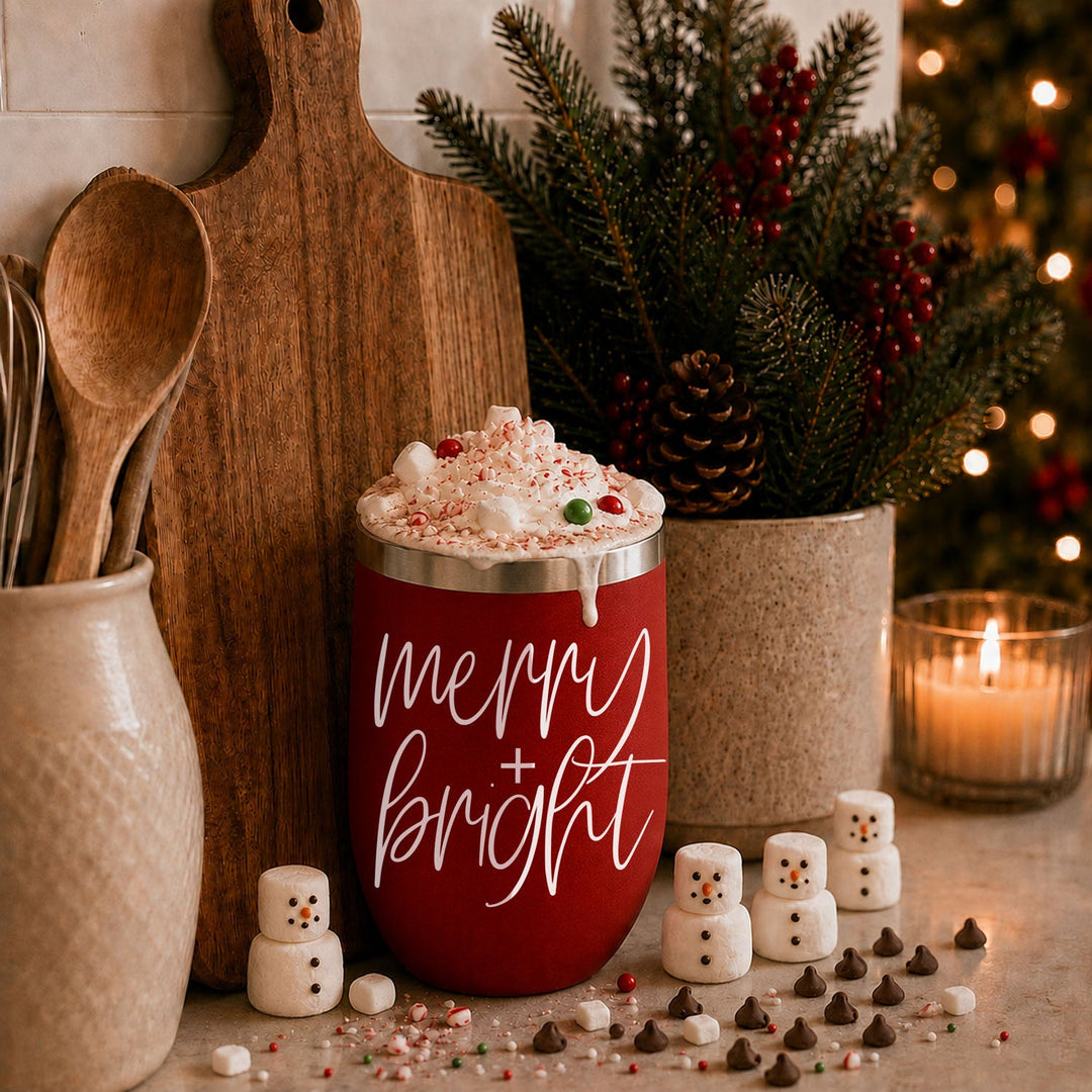 Merry and Bright Wine Tumbler 17oz Christmas Holiday Fun Gift for Coffee Lovers