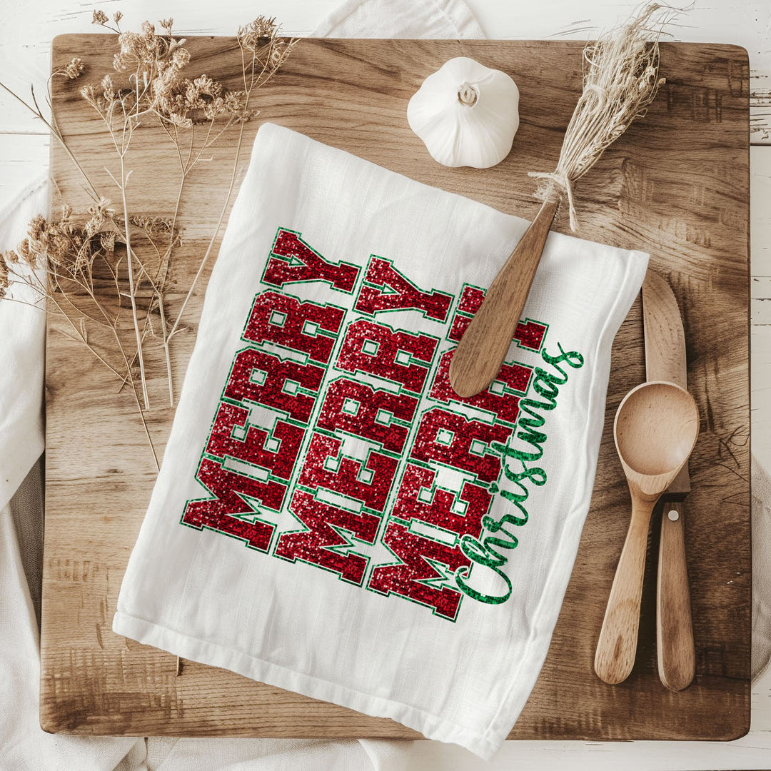 Merry Christmas Cotton Kitchen Tea Towel Santa Bows Holiday Decor Fun Gift Idea