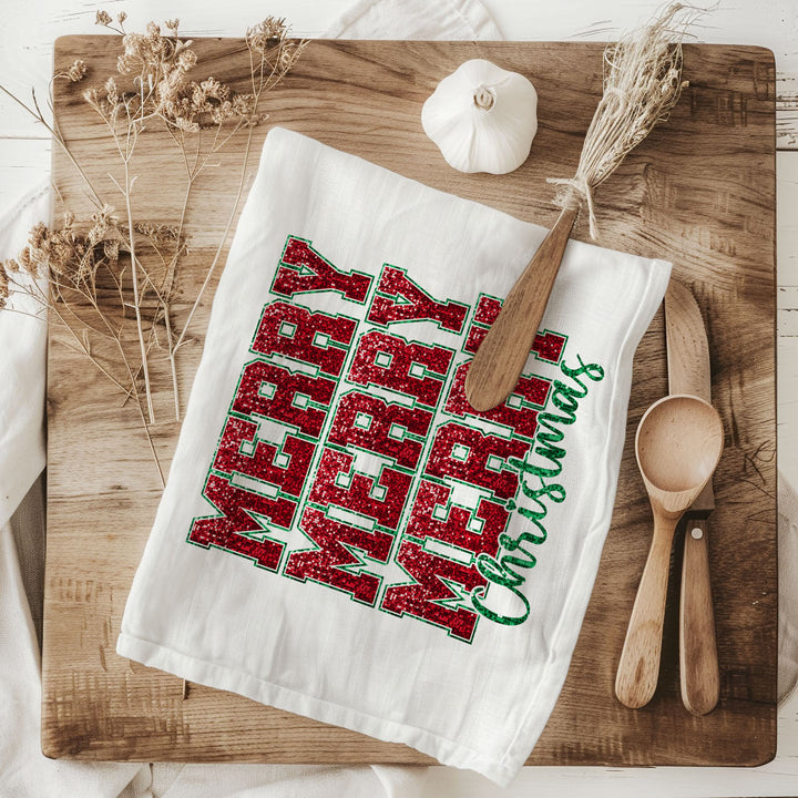 Merry Christmas Cotton Kitchen Tea Towel Santa Bows Holiday Decor Fun Gift Idea