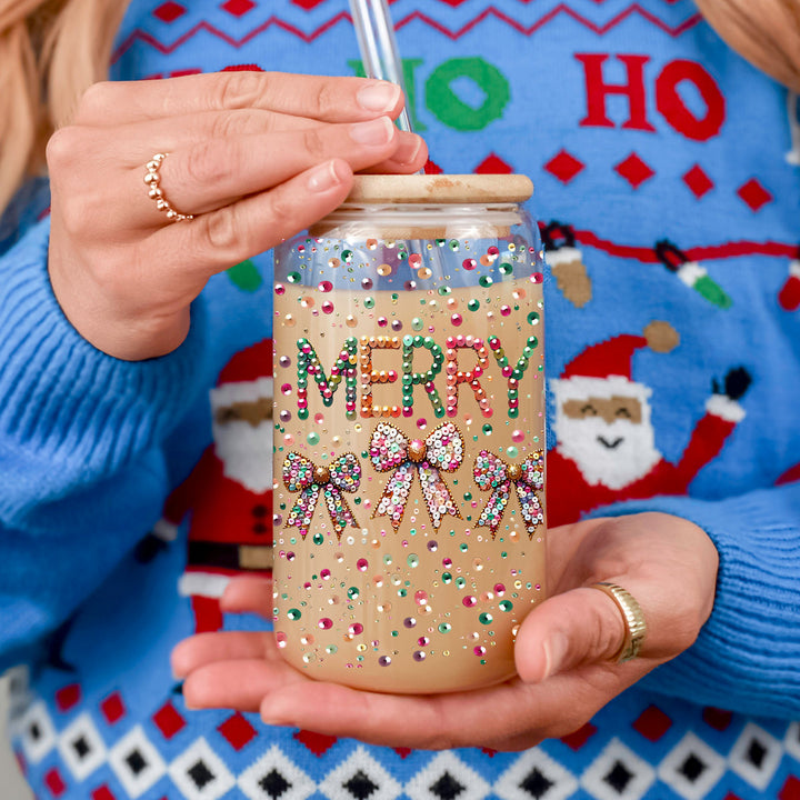Merry Sequin Bow Glass Tumbler 17oz Bamboo Lid Christmas Great Gift for Friends