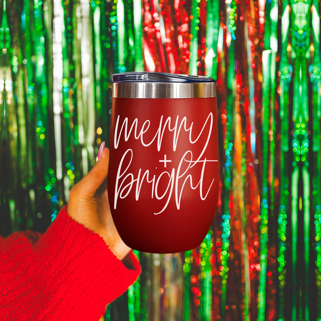 Merry and Bright Wine Tumbler 17oz Christmas Holiday Fun Gift for Coffee Lovers