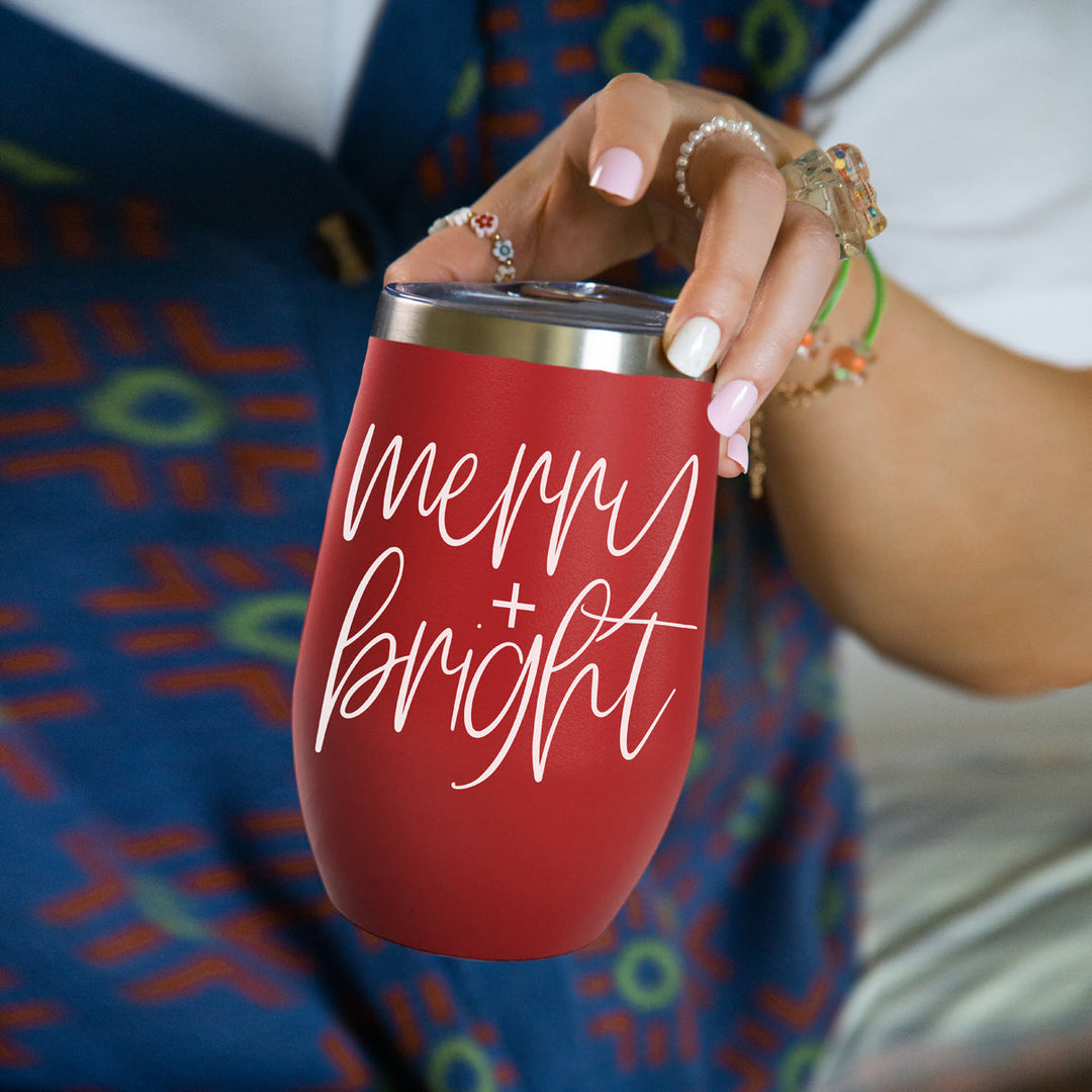 Merry and Bright Wine Tumbler 17oz Christmas Holiday Fun Gift for Coffee Lovers