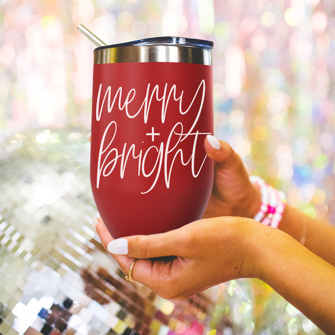 Merry and Bright Wine Tumbler 17oz Christmas Holiday Fun Gift for Coffee Lovers