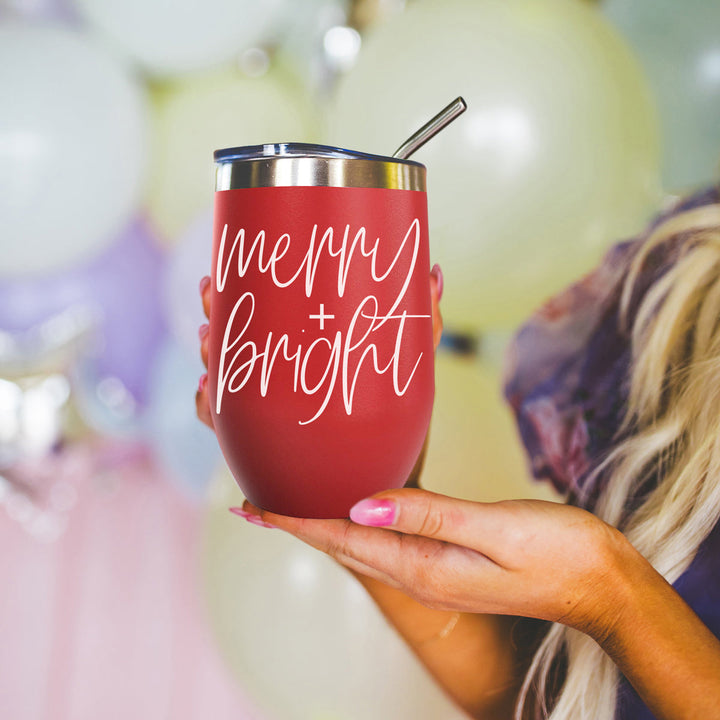Merry and Bright Wine Tumbler 17oz Christmas Holiday Fun Gift for Coffee Lovers