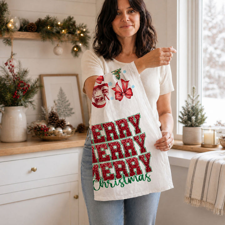 Merry Christmas Cotton Kitchen Tea Towel Santa Bows Holiday Decor Fun Gift Idea