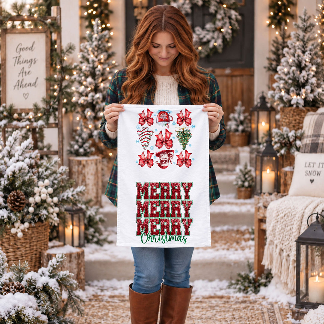 Merry Christmas Cotton Kitchen Tea Towel Santa Bows Holiday Decor Fun Gift Idea