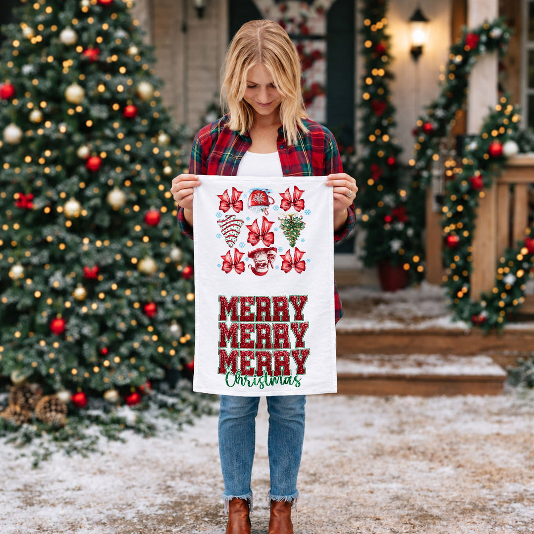 Merry Christmas Cotton Kitchen Tea Towel Santa Bows Holiday Decor Fun Gift Idea