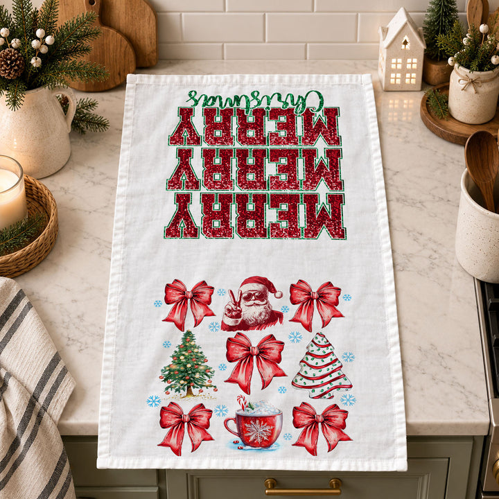 Merry Christmas Cotton Kitchen Tea Towel Santa Bows Holiday Decor Fun Gift Idea