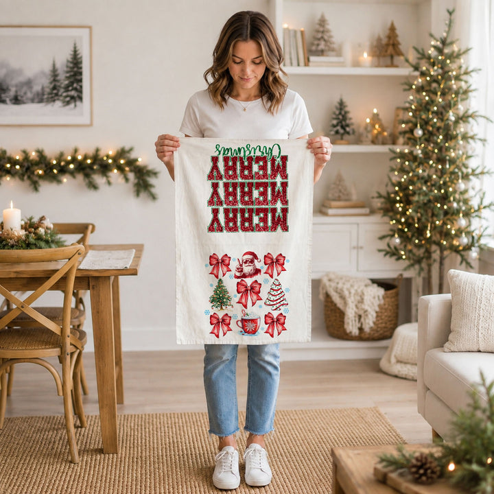 Merry Christmas Cotton Kitchen Tea Towel Santa Bows Holiday Decor Fun Gift Idea