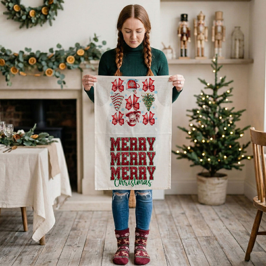 Merry Christmas Cotton Kitchen Tea Towel Santa Bows Holiday Decor Fun Gift Idea