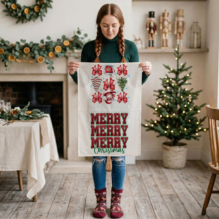 Merry Christmas Cotton Kitchen Tea Towel Santa Bows Holiday Decor Fun Gift Idea