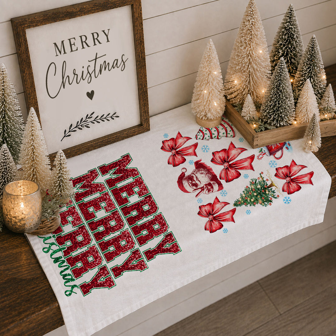 Merry Christmas Cotton Kitchen Tea Towel Santa Bows Holiday Decor Fun Gift Idea