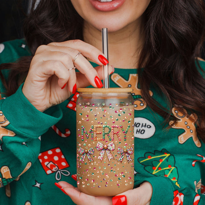 Merry Sequin Bow Glass Tumbler 17oz Bamboo Lid Christmas Great Gift for Friends