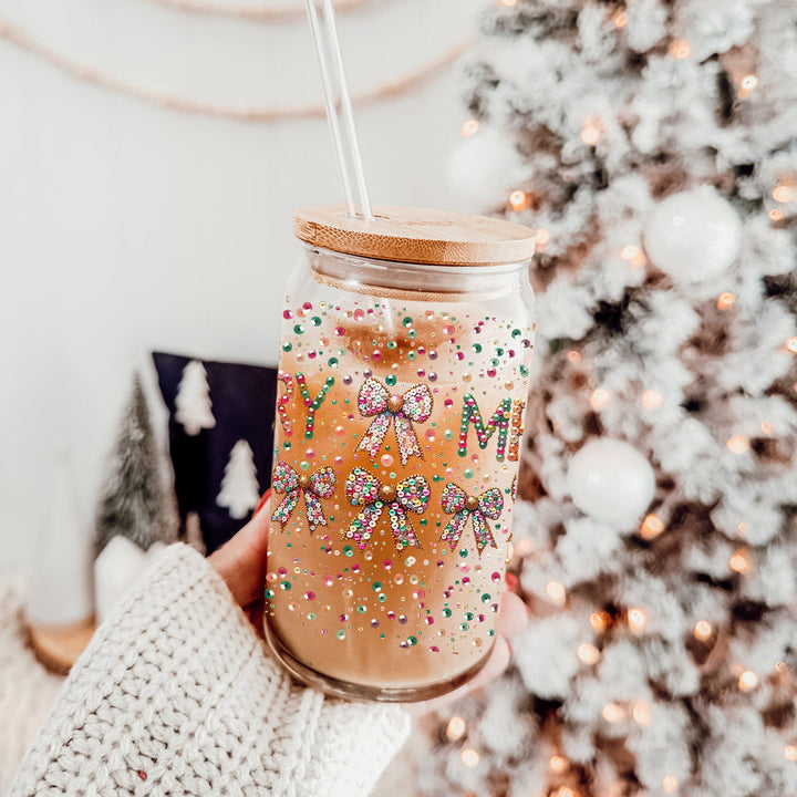 Merry Sequin Bow Glass Tumbler 17oz Bamboo Lid Christmas Great Gift for Friends