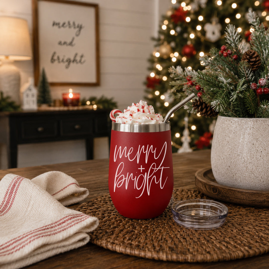 Merry and Bright Wine Tumbler 17oz Christmas Holiday Fun Gift for Coffee Lovers
