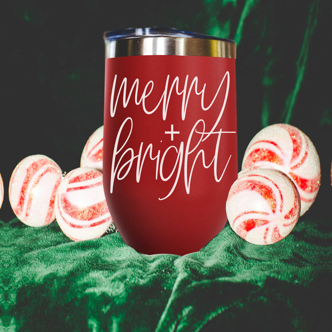 Merry and Bright Wine Tumbler 17oz Christmas Holiday Fun Gift for Coffee Lovers