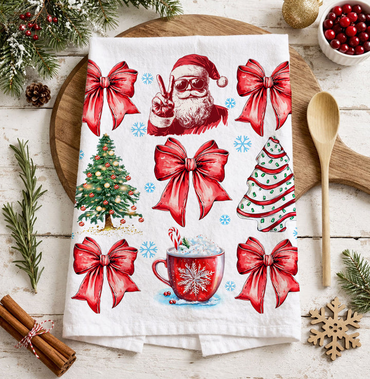 Merry Christmas Cotton Kitchen Tea Towel Santa Bows Holiday Decor Fun Gift Idea