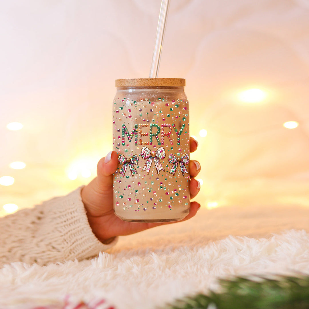 Merry Sequin Bow Glass Tumbler 17oz Bamboo Lid Christmas Great Gift for Friends