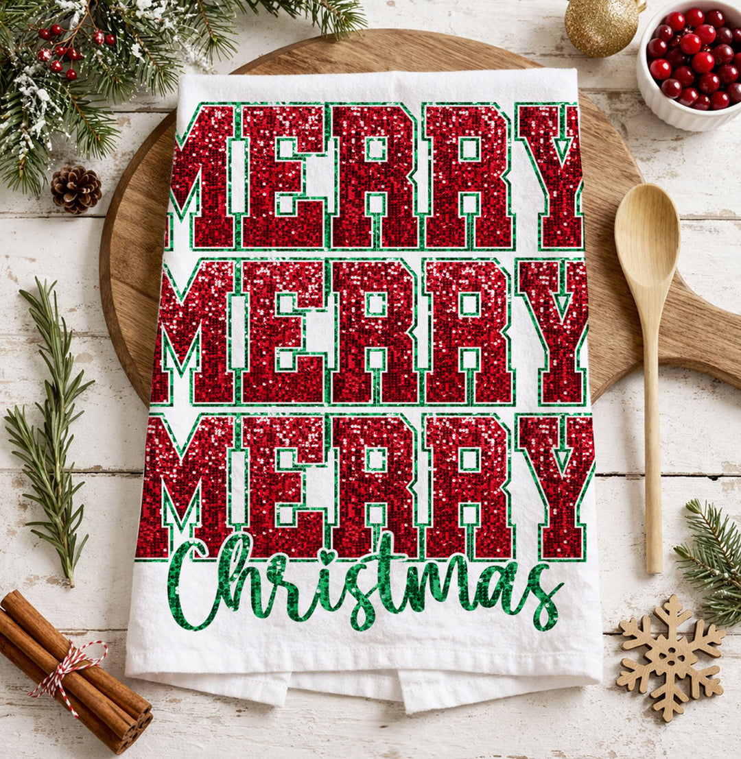 Merry Christmas Cotton Kitchen Tea Towel Santa Bows Holiday Decor Fun Gift Idea