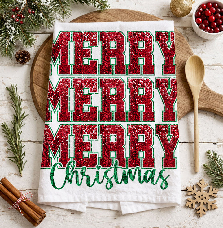 Merry Christmas Cotton Kitchen Tea Towel Santa Bows Holiday Decor Fun Gift Idea