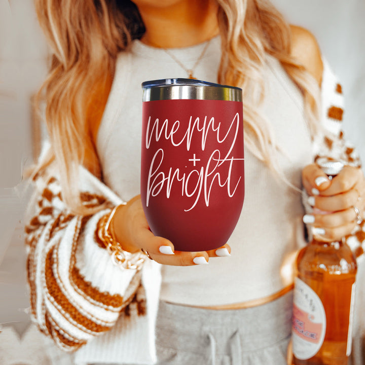 Merry and Bright Wine Tumbler 17oz Christmas Holiday Fun Gift for Coffee Lovers