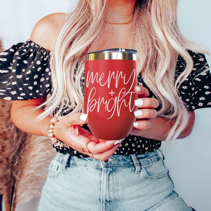 Merry and Bright Wine Tumbler 17oz Christmas Holiday Fun Gift for Coffee Lovers