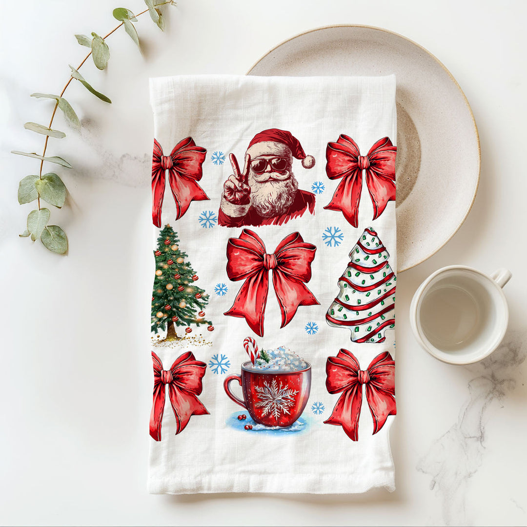 Merry Christmas Cotton Kitchen Tea Towel Santa Bows Holiday Decor Fun Gift Idea