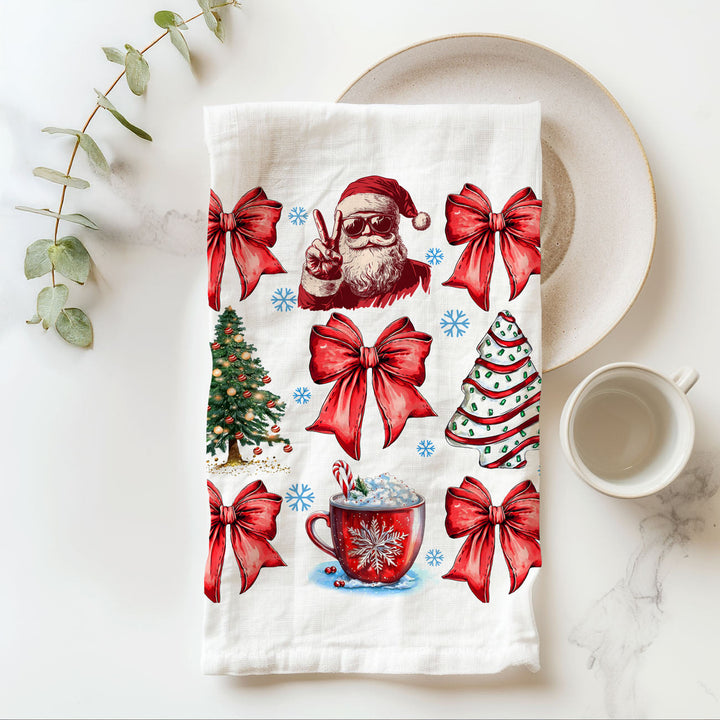Merry Christmas Cotton Kitchen Tea Towel Santa Bows Holiday Decor Fun Gift Idea
