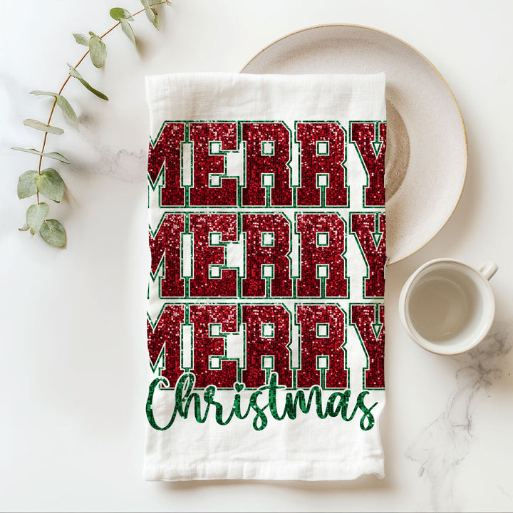 Merry Christmas Cotton Kitchen Tea Towel Santa Bows Holiday Decor Fun Gift Idea