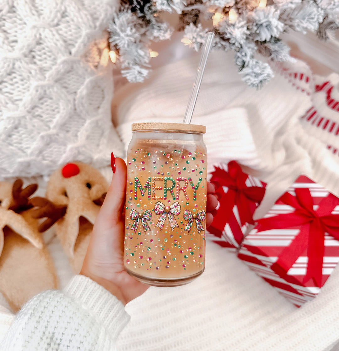Merry Sequin Bow Glass Tumbler 17oz Bamboo Lid Christmas Great Gift for Friends