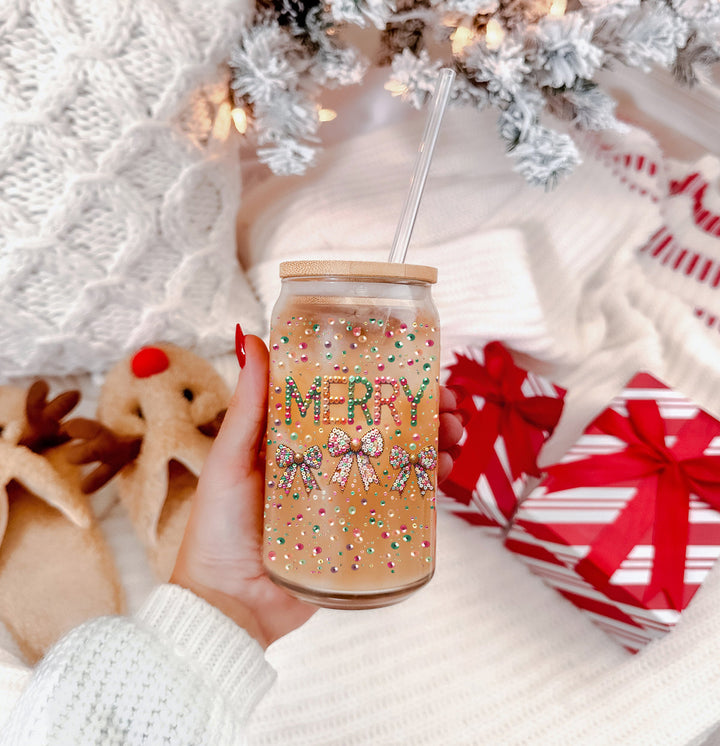 Merry Sequin Bow Glass Tumbler 17oz Bamboo Lid Christmas Great Gift for Friends