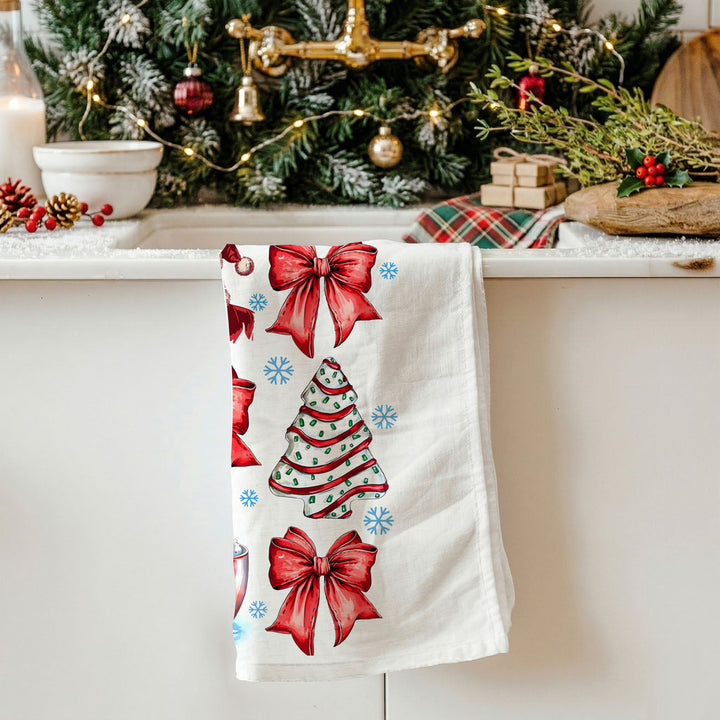 Merry Christmas Cotton Kitchen Tea Towel Santa Bows Holiday Decor Fun Gift Idea
