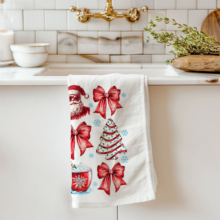 Merry Christmas Cotton Kitchen Tea Towel Santa Bows Holiday Decor Fun Gift Idea