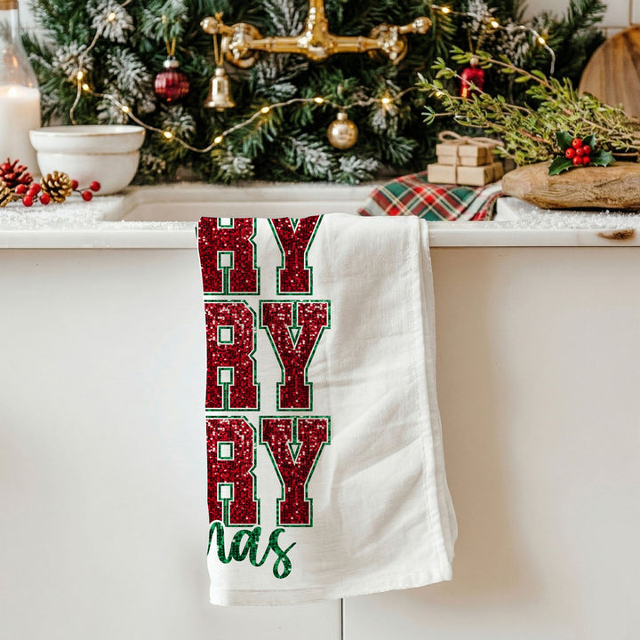 Merry Christmas Cotton Kitchen Tea Towel Santa Bows Holiday Decor Fun Gift Idea
