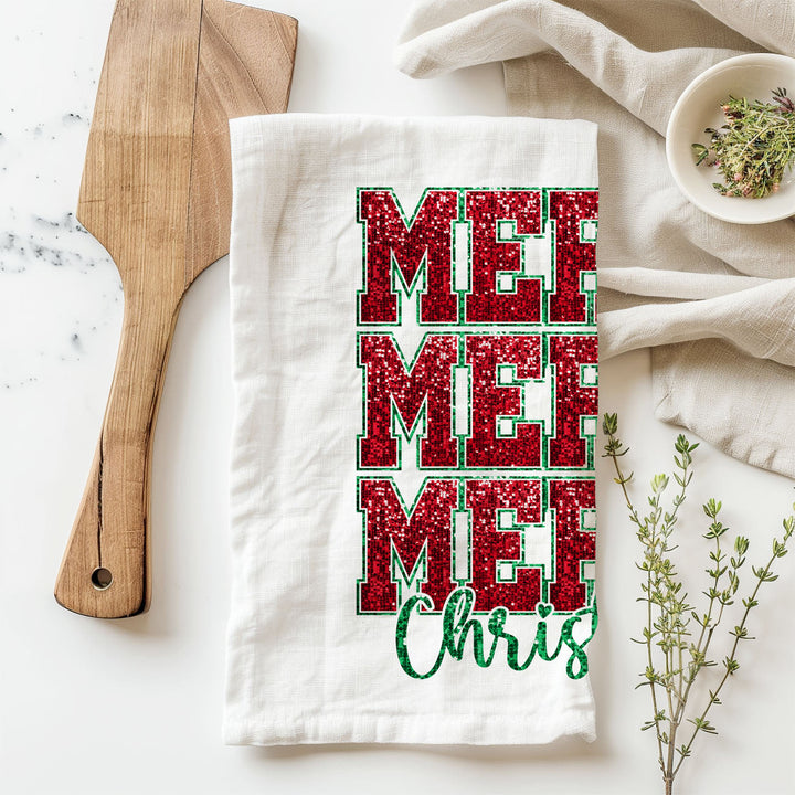 Merry Christmas Cotton Kitchen Tea Towel Santa Bows Holiday Decor Fun Gift Idea