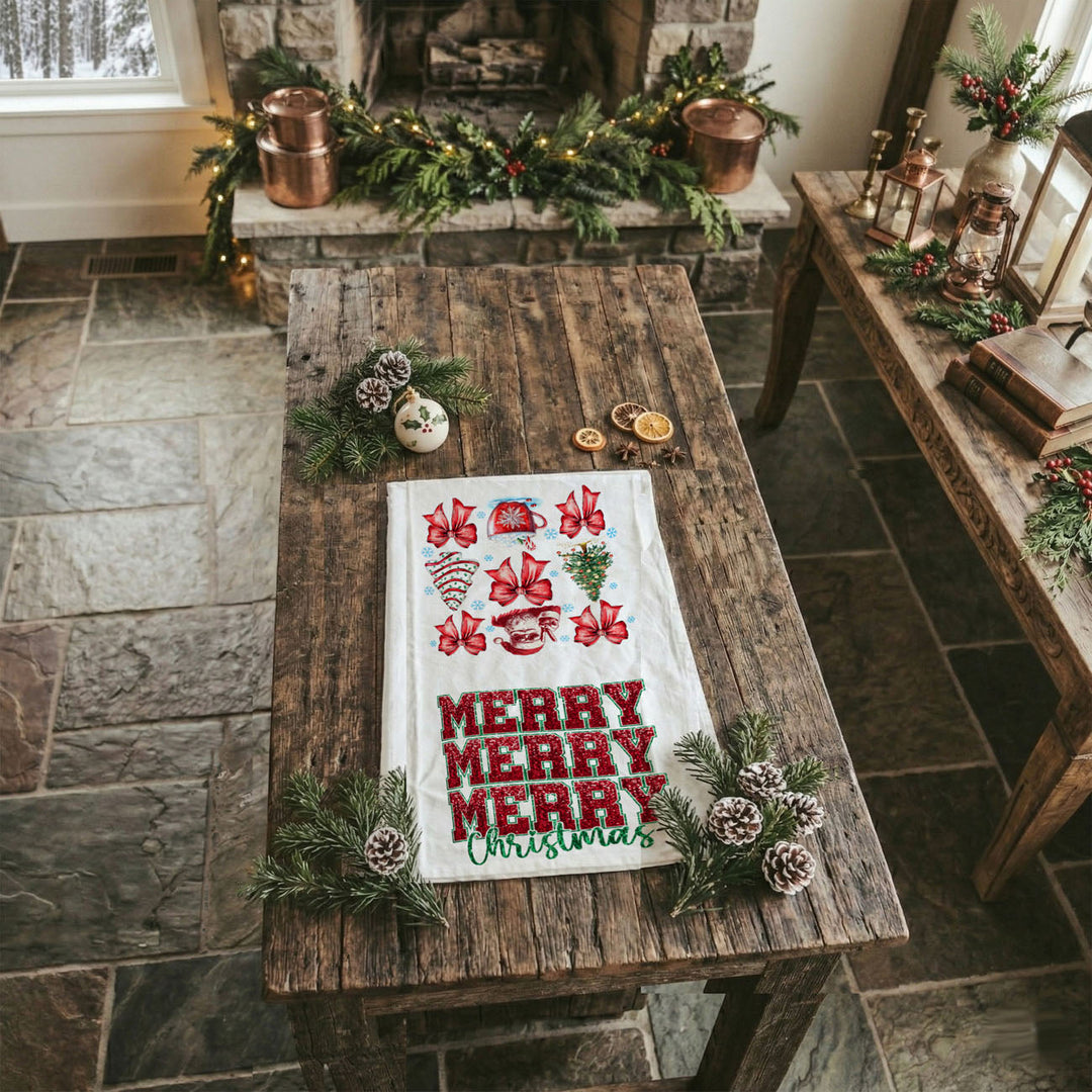 Merry Christmas Cotton Kitchen Tea Towel Santa Bows Holiday Decor Fun Gift Idea